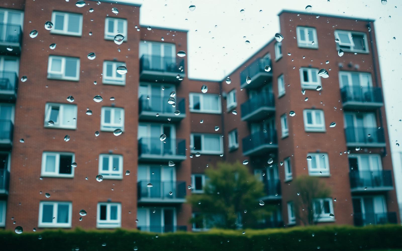 A residential block of flats seen through rain-covered glass